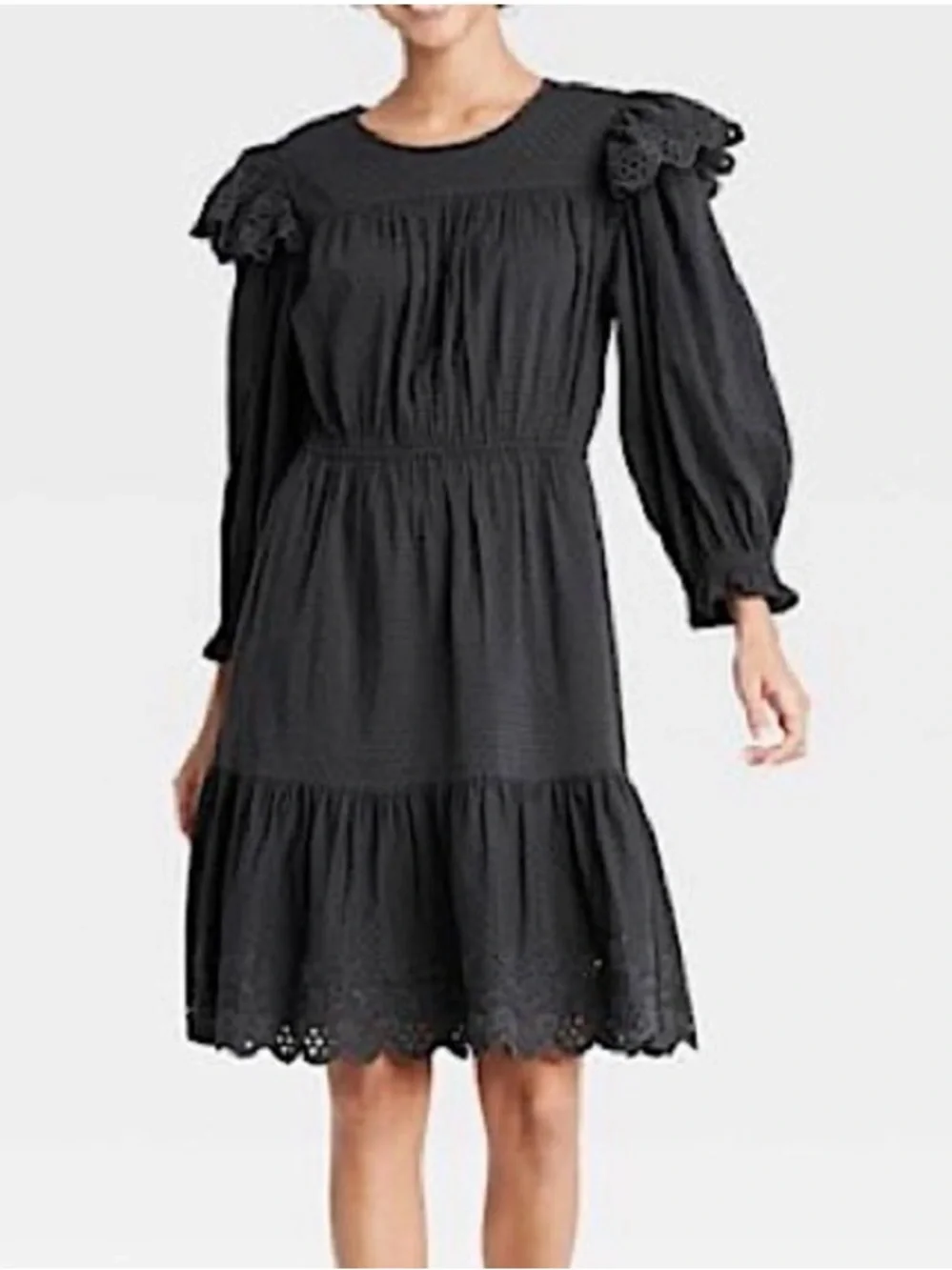 linen beach dress Astra Yellow Calvin Klein Ruffle Dress- common_color:black Size:Size 0 full length sleeves and